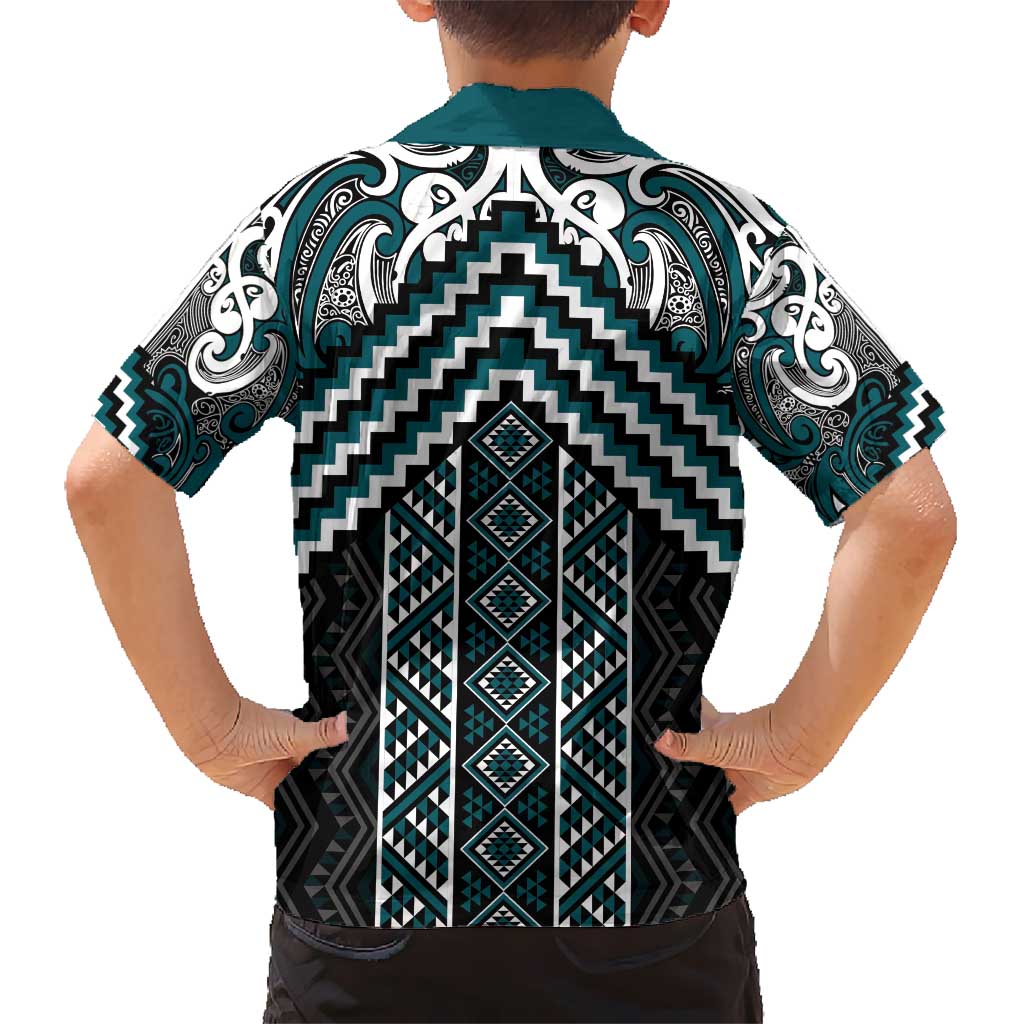 Maori Tukutuku Taniko Motifs Kid Hawaiian Shirt Teal Poutama Mix Kowhaiwhai