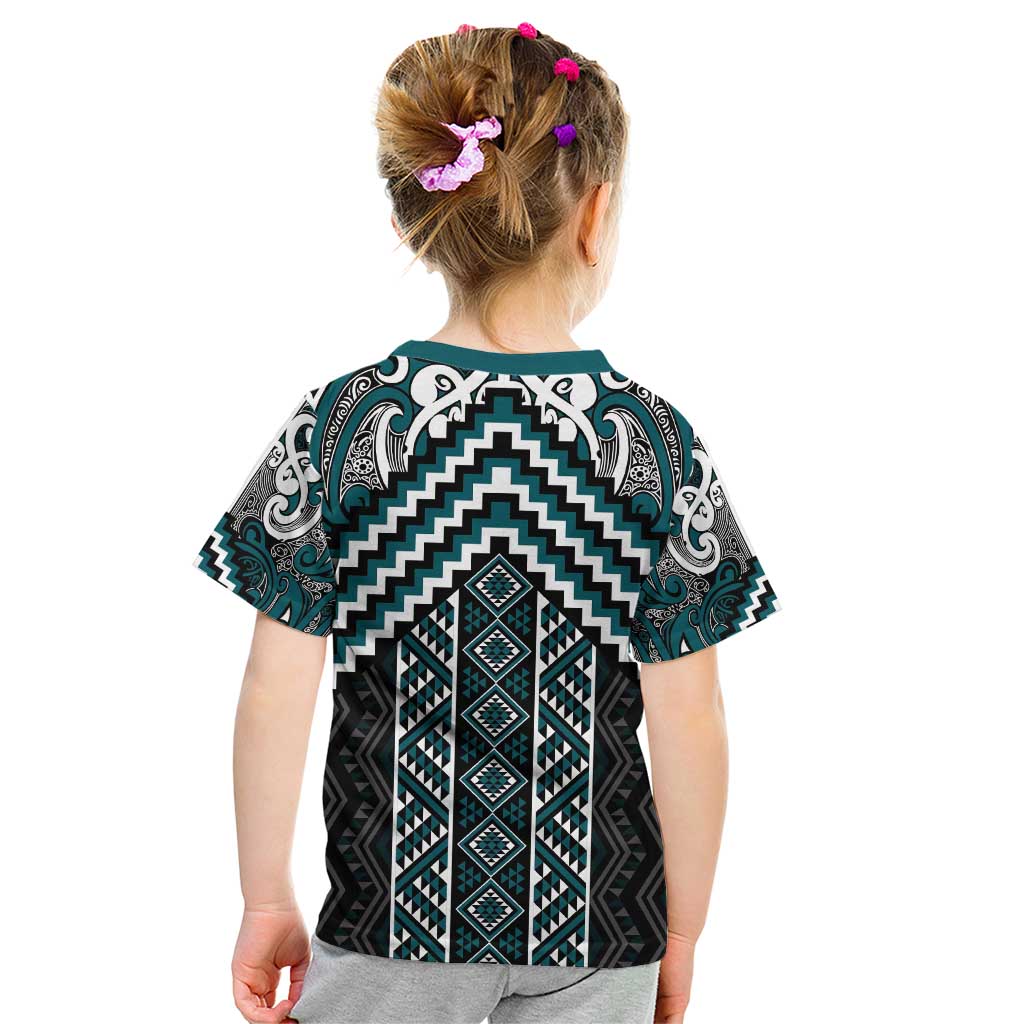 Maori Tukutuku Taniko Motifs Kid T Shirt Teal Poutama Mix Kowhaiwhai