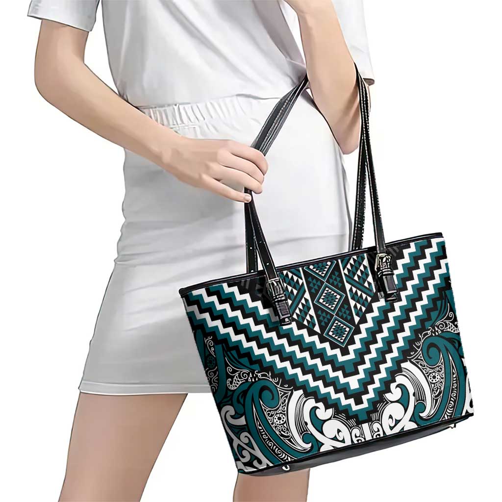 Maori Tukutuku Taniko Motifs Leather Tote Bag Teal Poutama Mix Kowhaiwhai