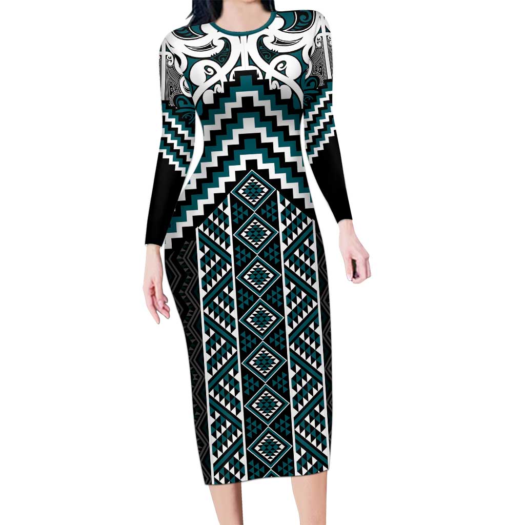Maori Tukutuku Taniko Motifs Long Sleeve Bodycon Dress Teal Poutama Mix Kowhaiwhai