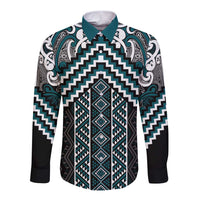 Maori Tukutuku Taniko Motifs Long Sleeve Button Shirt Teal Poutama Mix Kowhaiwhai