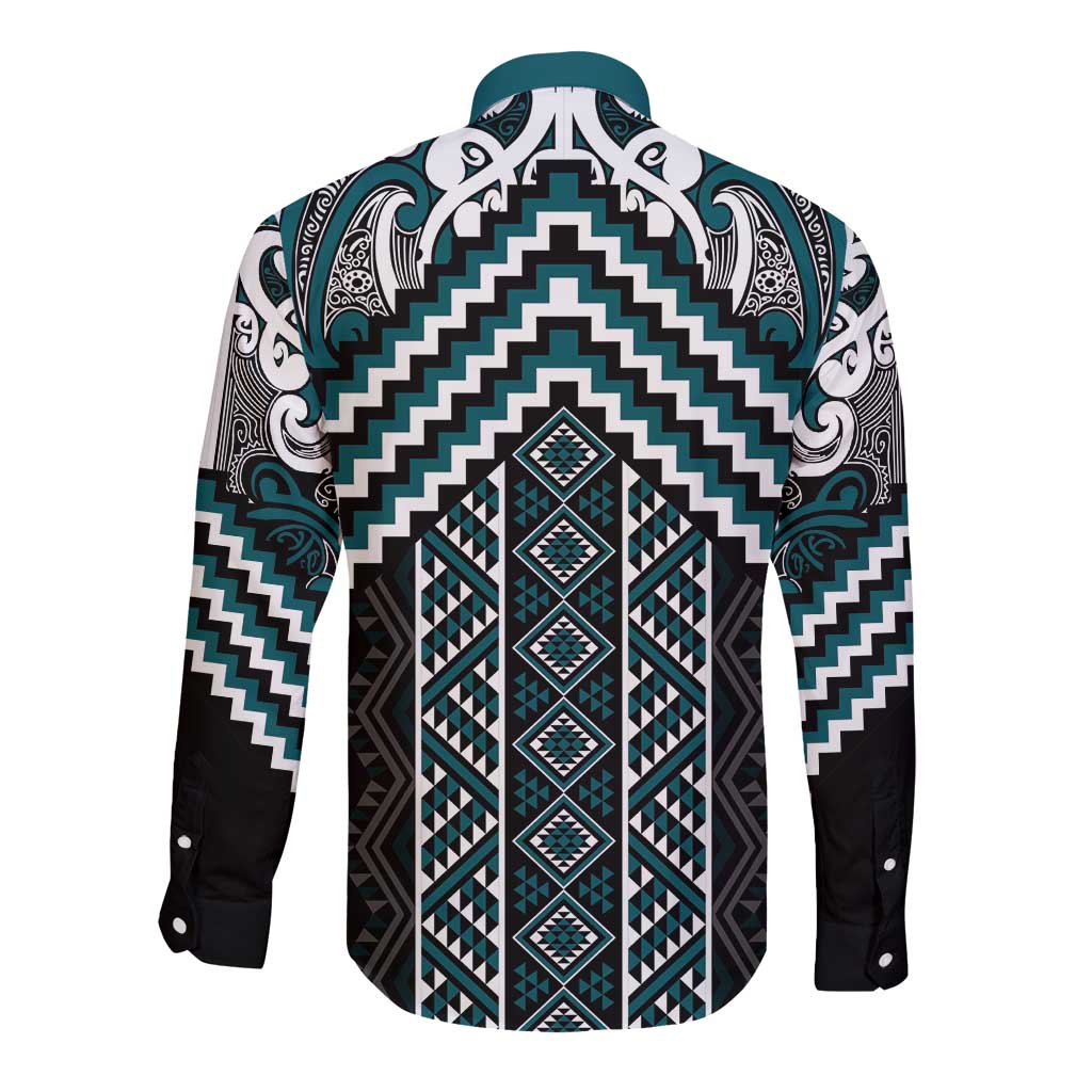 Maori Tukutuku Taniko Motifs Long Sleeve Button Shirt Teal Poutama Mix Kowhaiwhai