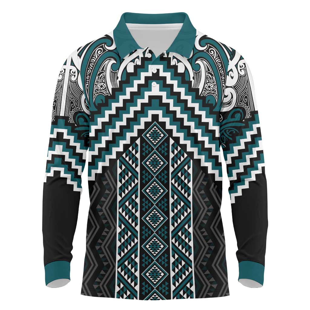 Maori Tukutuku Taniko Motifs Long Sleeve Polo Shirt Teal Poutama Mix Kowhaiwhai