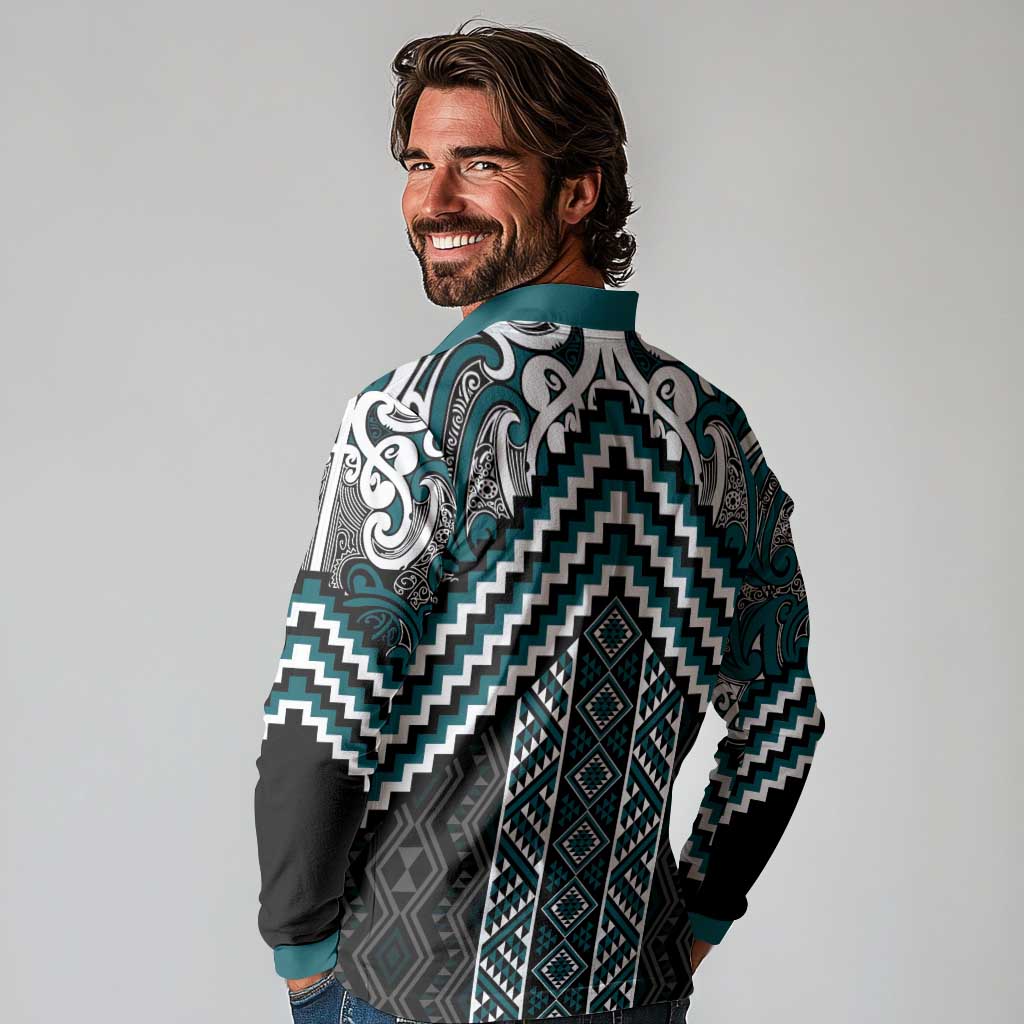 Maori Tukutuku Taniko Motifs Long Sleeve Polo Shirt Teal Poutama Mix Kowhaiwhai