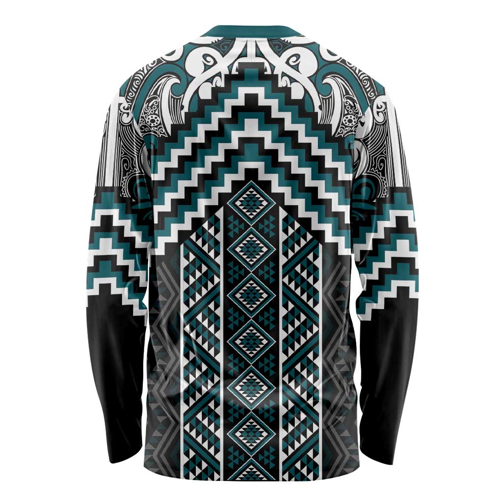 Maori Tukutuku Taniko Motifs Long Sleeve Shirt Teal Poutama Mix Kowhaiwhai