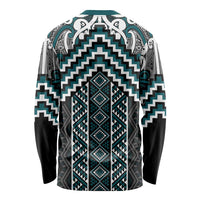 Maori Tukutuku Taniko Motifs Long Sleeve Shirt Teal Poutama Mix Kowhaiwhai