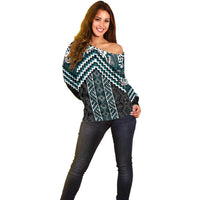 Maori Tukutuku Taniko Motifs Off Shoulder Sweater Teal Poutama Mix Kowhaiwhai
