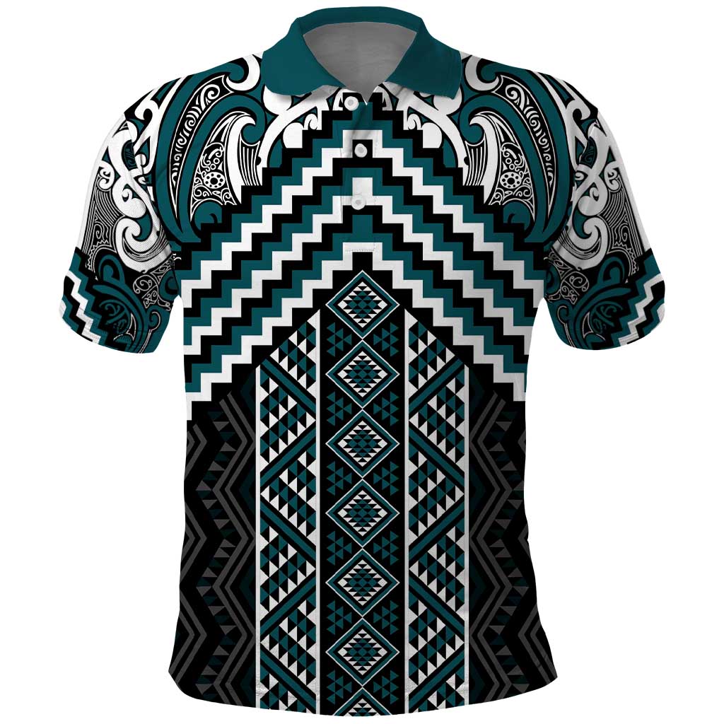 Maori Tukutuku Taniko Motifs Polo Shirt Teal Poutama Mix Kowhaiwhai