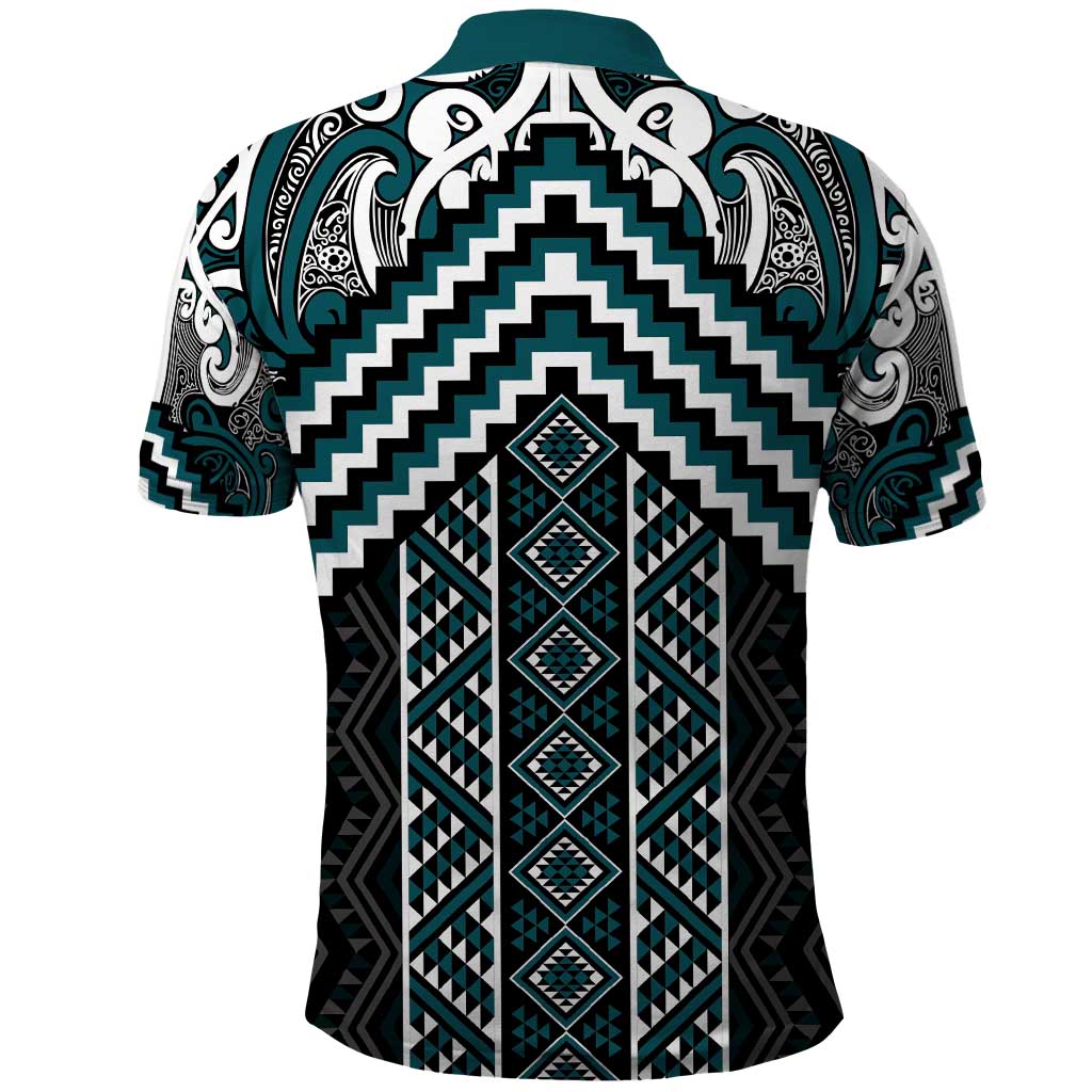 Maori Tukutuku Taniko Motifs Polo Shirt Teal Poutama Mix Kowhaiwhai