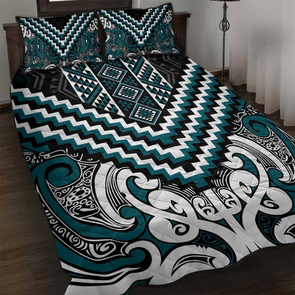 Maori Tukutuku Taniko Motifs Quilt Bed Set Teal Poutama Mix Kowhaiwhai