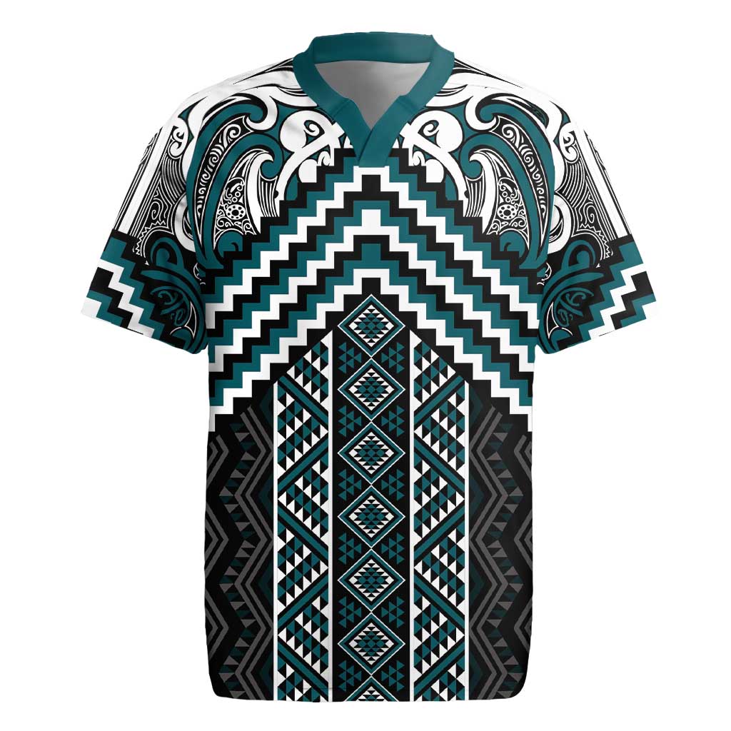Maori Tukutuku Taniko Motifs Rugby Jersey Teal Poutama Mix Kowhaiwhai