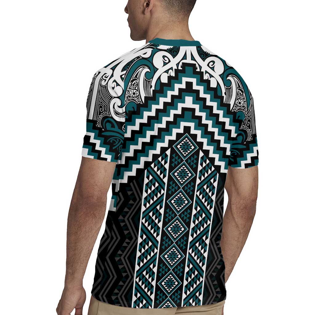 Maori Tukutuku Taniko Motifs Rugby Jersey Teal Poutama Mix Kowhaiwhai
