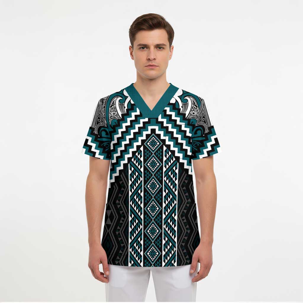 Maori Tukutuku Taniko Motifs Scrub Top Teal Poutama Mix Kowhaiwhai - Polynesian Pride