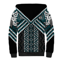 Maori Tukutuku Taniko Motifs Sherpa Hoodie Teal Poutama Mix Kowhaiwhai