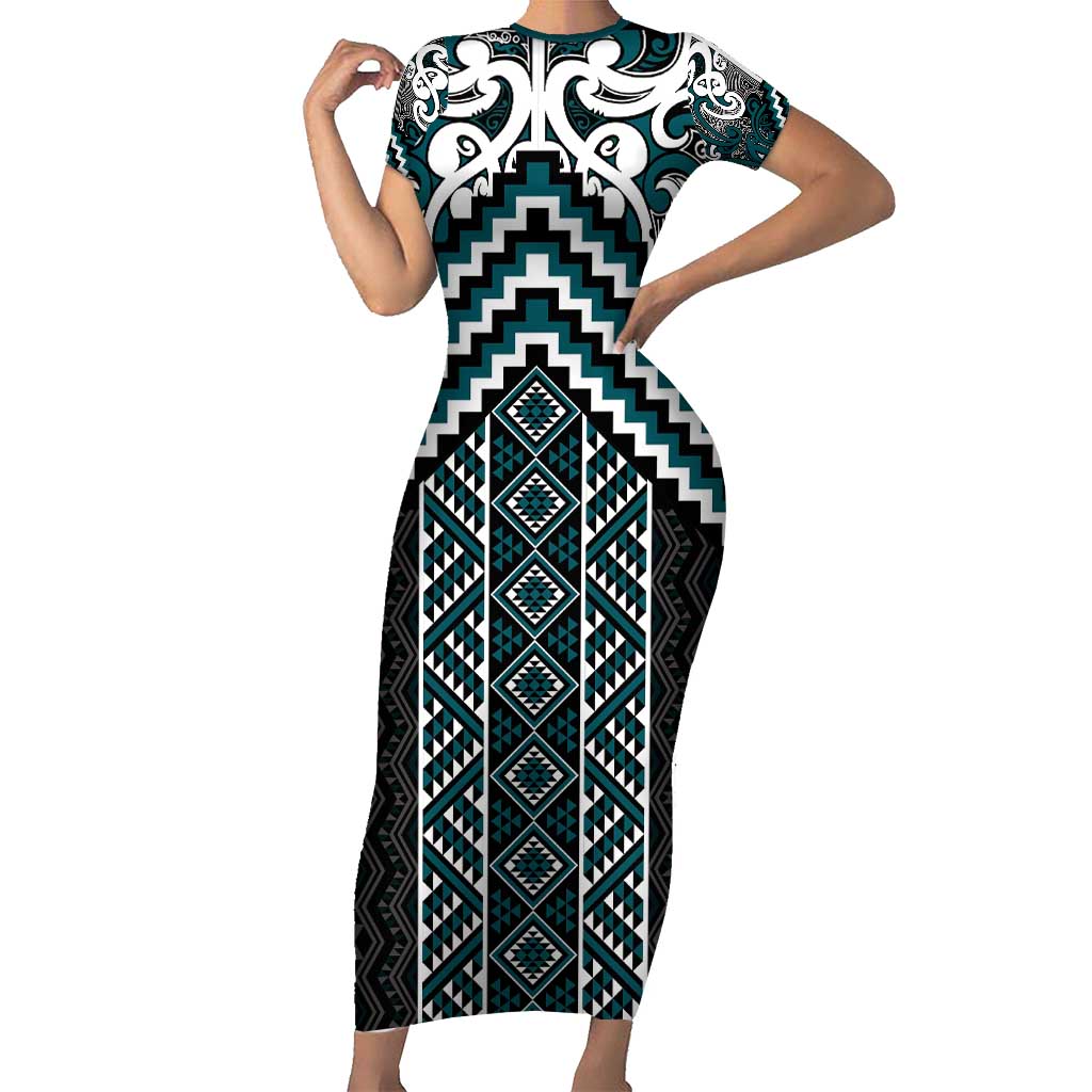 Maori Tukutuku Taniko Motifs Short Sleeve Bodycon Dress Teal Poutama Mix Kowhaiwhai
