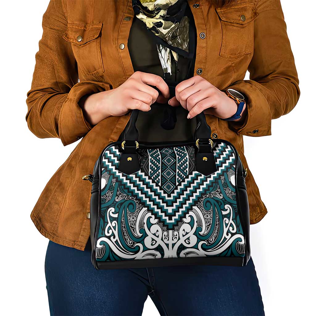 Maori Tukutuku Taniko Motifs Shoulder Handbag Teal Poutama Mix Kowhaiwhai