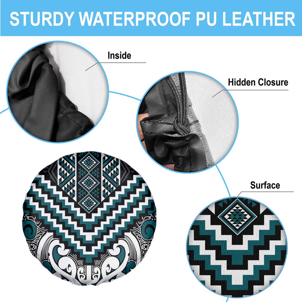 Maori Tukutuku Taniko Motifs Spare Tire Cover Teal Poutama Mix Kowhaiwhai