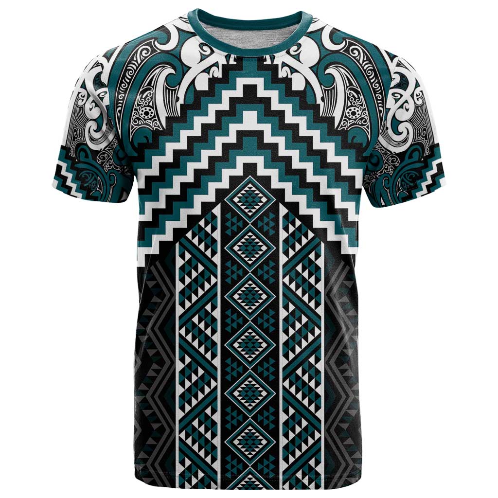 Maori Tukutuku Taniko Motifs T Shirt Teal Poutama Mix Kowhaiwhai LT7 Teal - Polynesian Pride