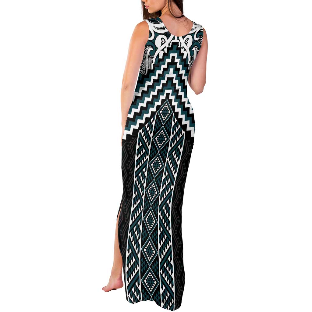 Maori Tukutuku Taniko Motifs Tank Maxi Dress Teal Poutama Mix Kowhaiwhai