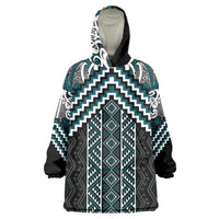Maori Tukutuku Taniko Motifs Wearable Blanket Hoodie Teal Poutama Mix Kowhaiwhai