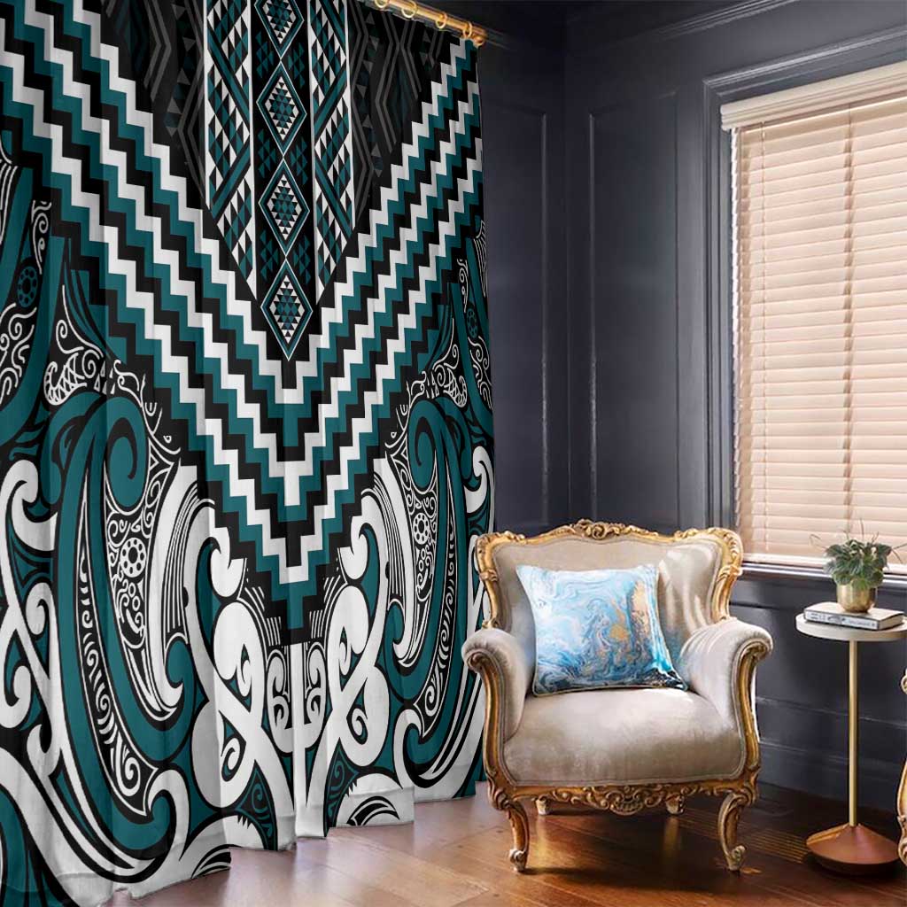 Maori Tukutuku Taniko Motifs Window Curtain Teal Poutama Mix Kowhaiwhai