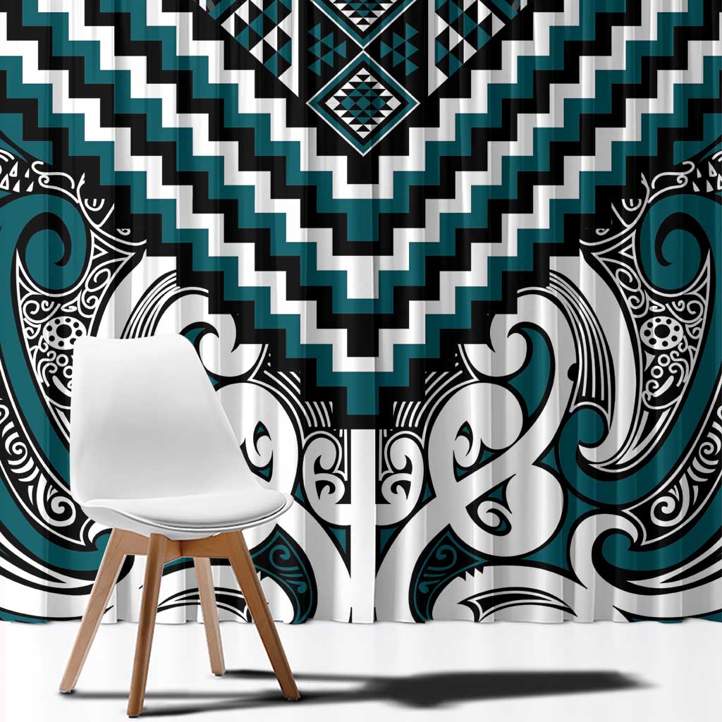 Maori Tukutuku Taniko Motifs Window Curtain Teal Poutama Mix Kowhaiwhai