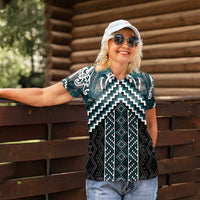 Maori Tukutuku Taniko Motifs Women Polo Shirt Teal Poutama Mix Kowhaiwhai