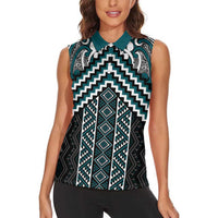 Maori Tukutuku Taniko Motifs Women Sleeveless Polo Shirt Teal Poutama Mix Kowhaiwhai
