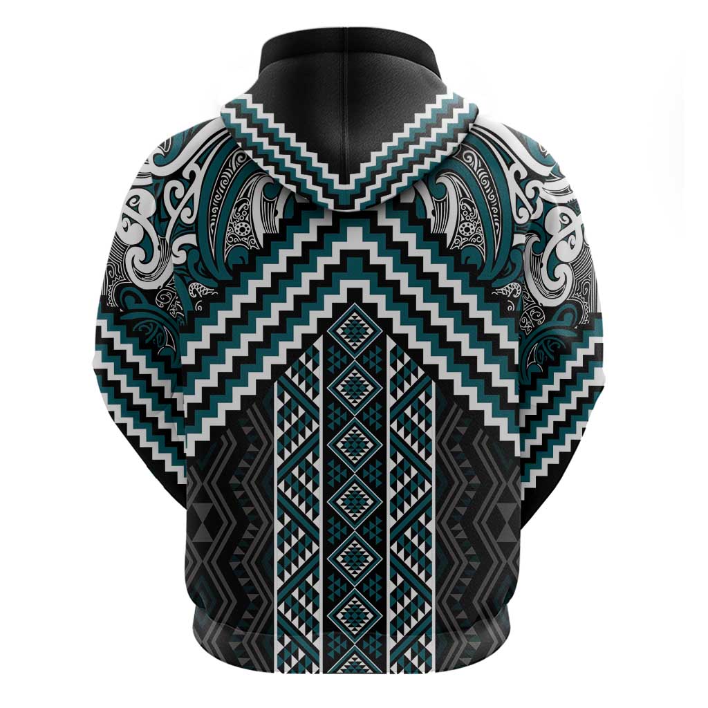 Maori Tukutuku Taniko Motifs Zip Hoodie Teal Poutama Mix Kowhaiwhai