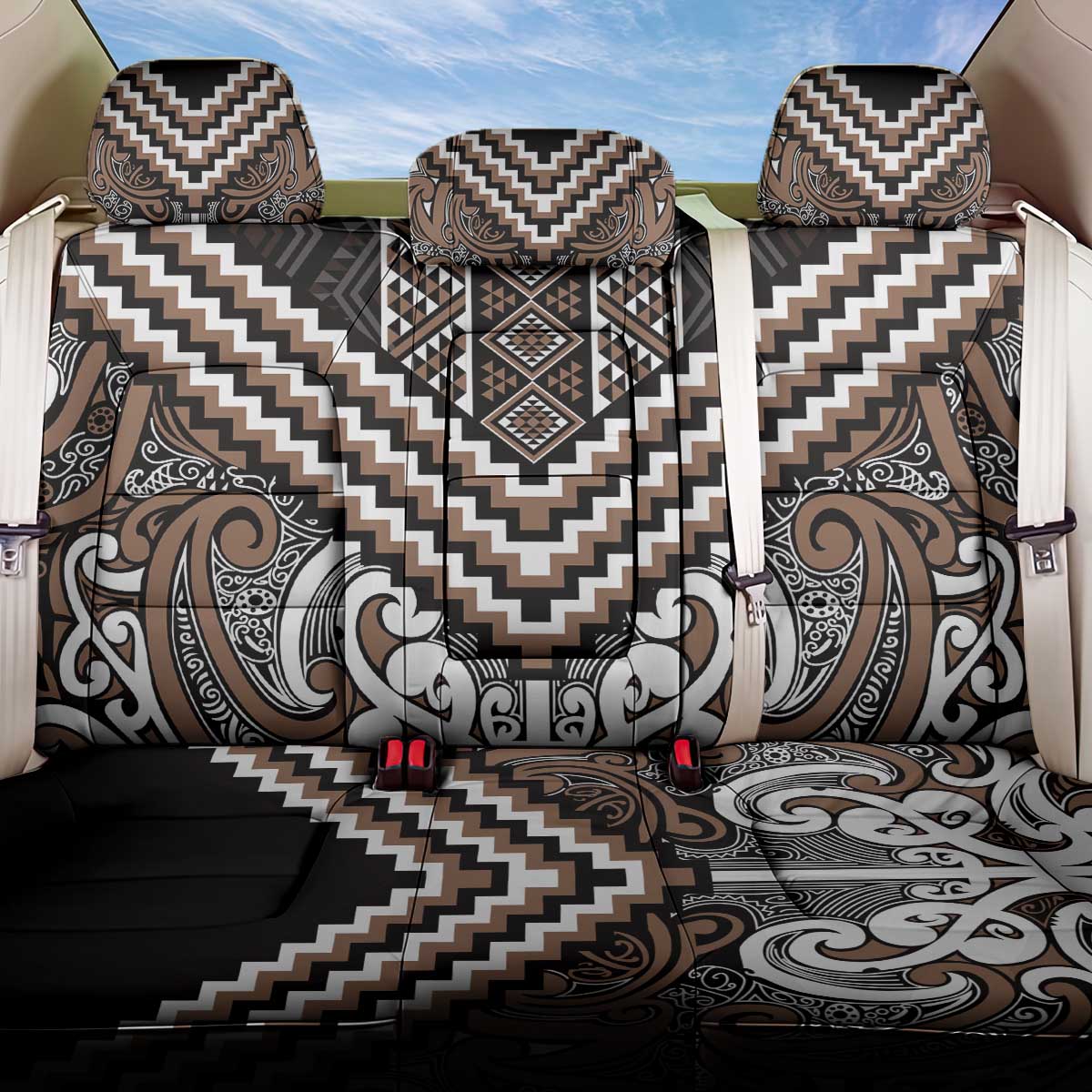 Maori Tukutuku Taniko Motifs Back Car Seat Cover Brown Poutama Mix Kowhaiwhai