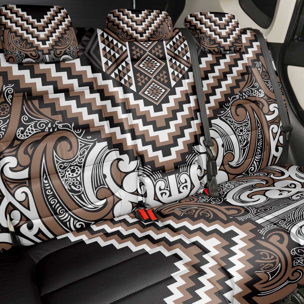 Maori Tukutuku Taniko Motifs Back Car Seat Cover Brown Poutama Mix Kowhaiwhai