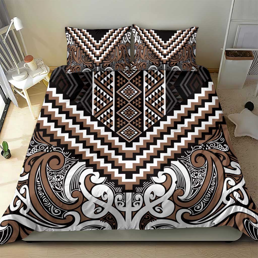 Maori Tukutuku Taniko Motifs Bedding Set Brown Poutama Mix Kowhaiwhai