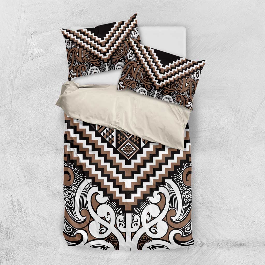 Maori Tukutuku Taniko Motifs Bedding Set Brown Poutama Mix Kowhaiwhai