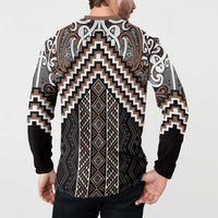 Maori Tukutuku Taniko Motifs Button Sweatshirt Brown Poutama Mix Kowhaiwhai