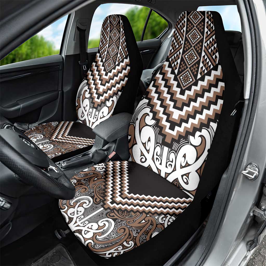 Maori Tukutuku Taniko Motifs Car Seat Cover Brown Poutama Mix Kowhaiwhai