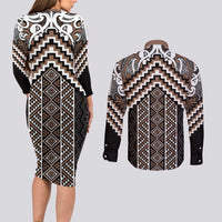 Maori Tukutuku Taniko Motifs Couples Matching Long Sleeve Bodycon Dress and Long Sleeve Button Shirt Brown Poutama Mix Kowhaiwhai