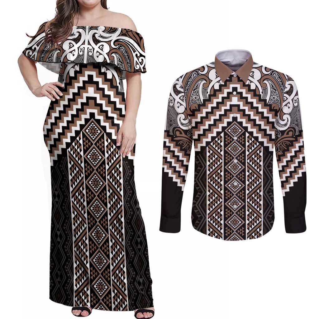 Maori Tukutuku Taniko Motifs Couples Matching Off Shoulder Maxi Dress and Long Sleeve Button Shirt Brown Poutama Mix Kowhaiwhai