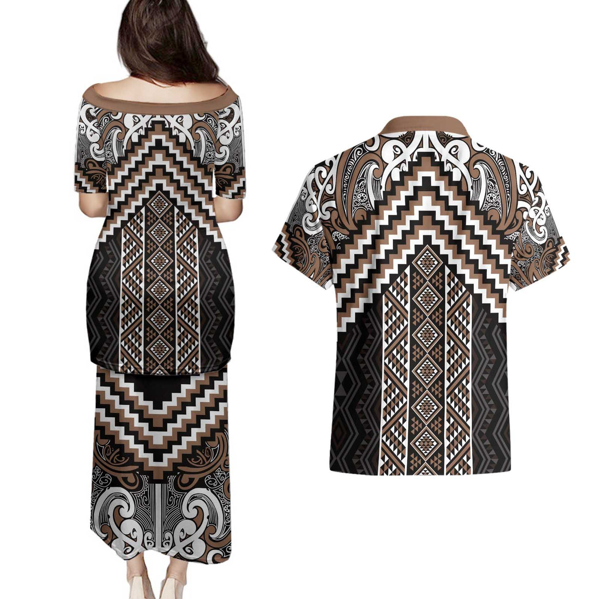 Maori Tukutuku Taniko Motifs Couples Matching Puletasi and Hawaiian Shirt Brown Poutama Mix Kowhaiwhai