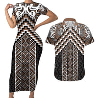 Maori Tukutuku Taniko Motifs Couples Matching Short Sleeve Bodycon Dress and Hawaiian Shirt Brown Poutama Mix Kowhaiwhai