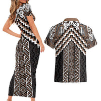 Maori Tukutuku Taniko Motifs Couples Matching Short Sleeve Bodycon Dress and Hawaiian Shirt Brown Poutama Mix Kowhaiwhai