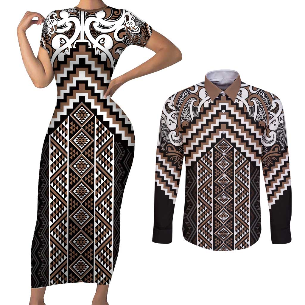 Maori Tukutuku Taniko Motifs Couples Matching Short Sleeve Bodycon Dress and Long Sleeve Button Shirt Brown Poutama Mix Kowhaiwhai