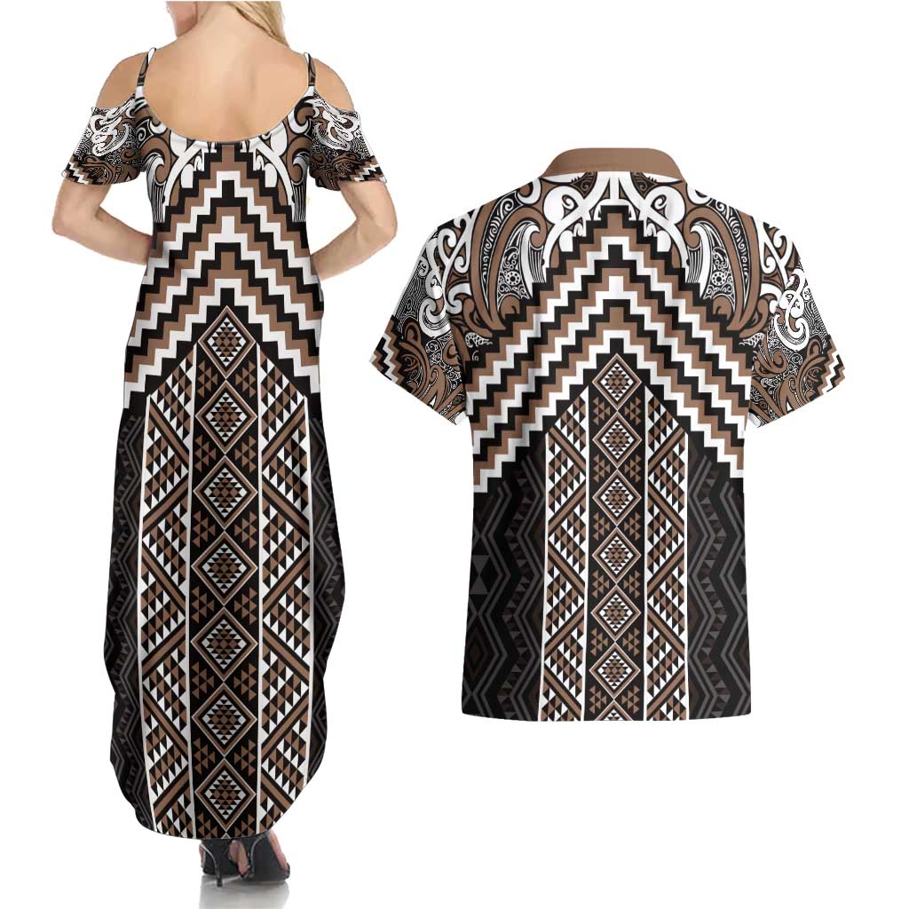 Maori Tukutuku Taniko Motifs Couples Matching Summer Maxi Dress and Hawaiian Shirt Brown Poutama Mix Kowhaiwhai