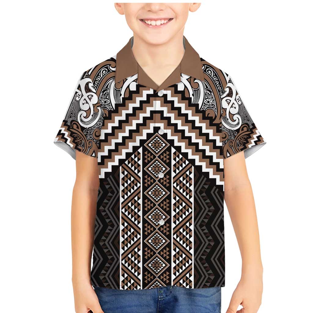 Maori Tukutuku Taniko Motifs Family Matching Mermaid Dress and Hawaiian Shirt Brown Poutama Mix Kowhaiwhai