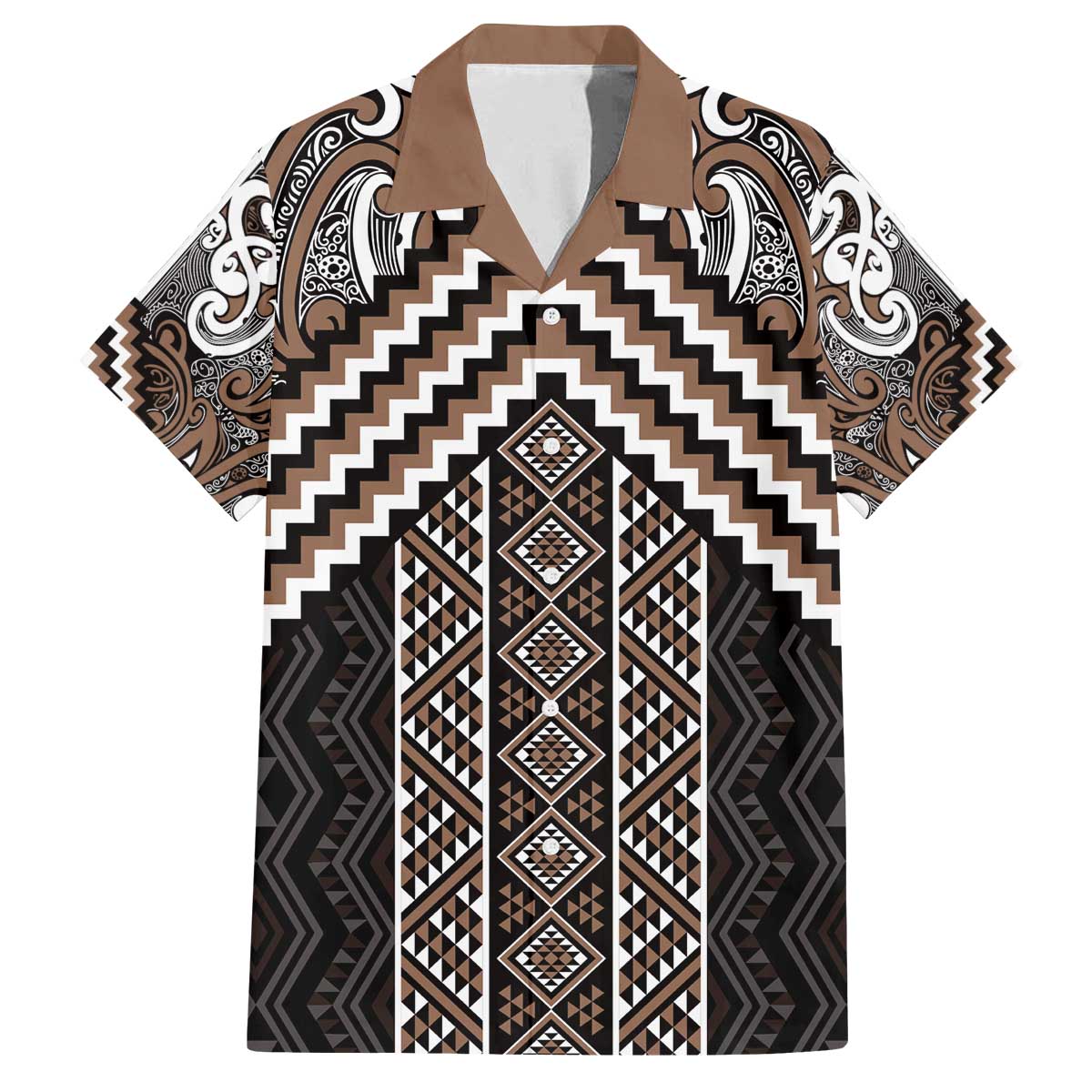 Maori Tukutuku Taniko Motifs Family Matching Off The Shoulder Long Sleeve Dress and Hawaiian Shirt Brown Poutama Mix Kowhaiwhai