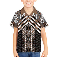 Maori Tukutuku Taniko Motifs Family Matching Off The Shoulder Long Sleeve Dress and Hawaiian Shirt Brown Poutama Mix Kowhaiwhai