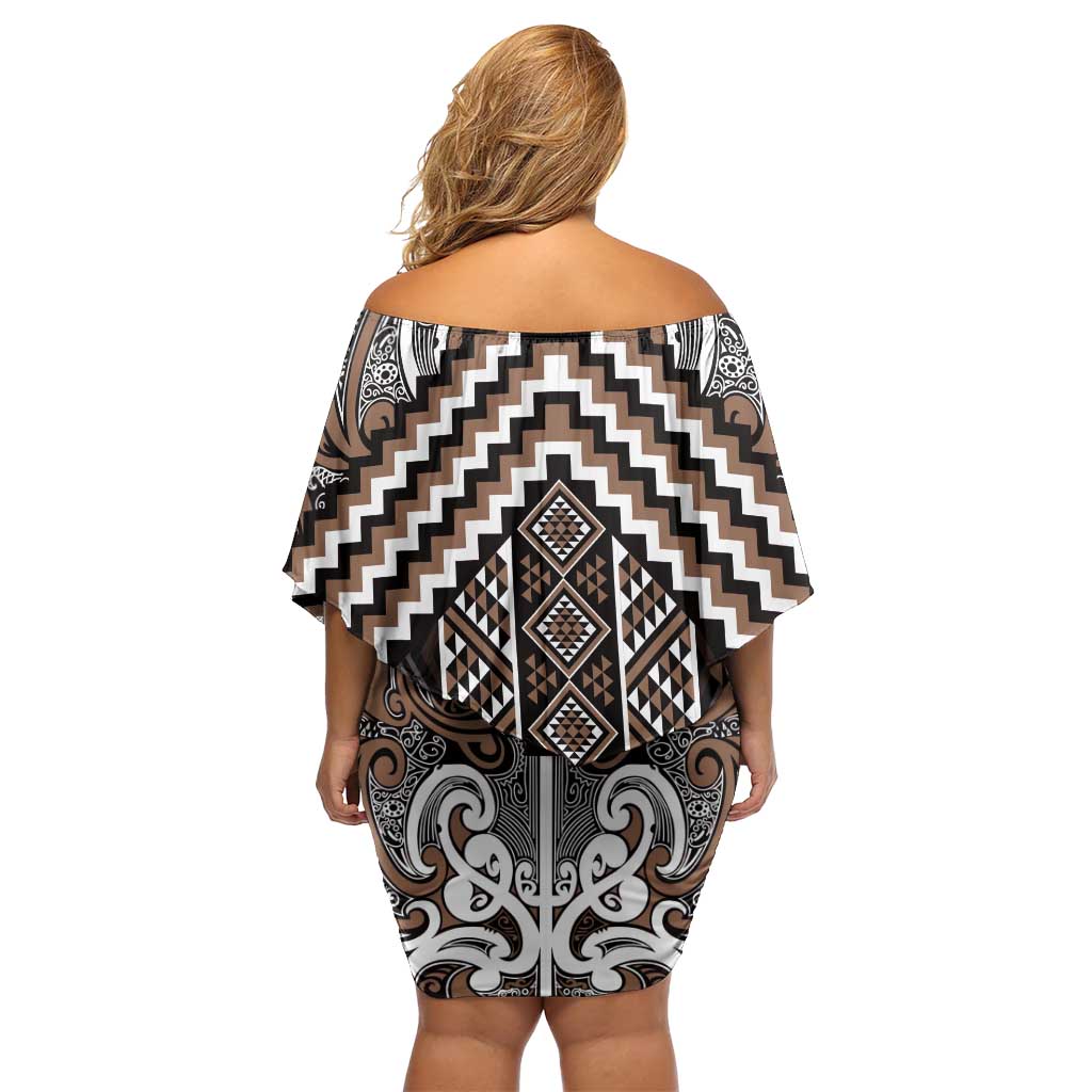 Maori Tukutuku Taniko Motifs Family Matching Off Shoulder Short Dress and Hawaiian Shirt Brown Poutama Mix Kowhaiwhai