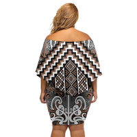 Maori Tukutuku Taniko Motifs Family Matching Off Shoulder Short Dress and Hawaiian Shirt Brown Poutama Mix Kowhaiwhai