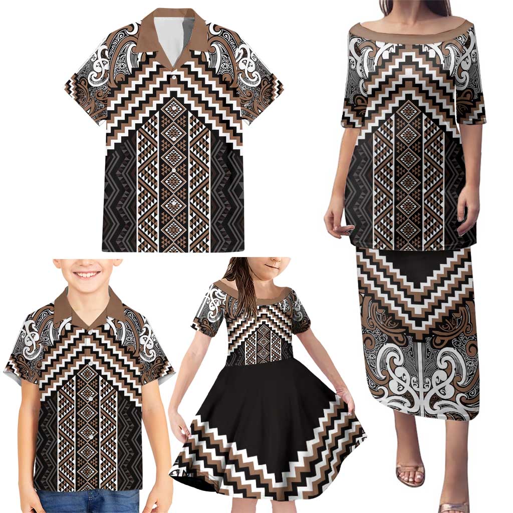 Maori Tukutuku Taniko Motifs Family Matching Puletasi and Hawaiian Shirt Brown Poutama Mix Kowhaiwhai