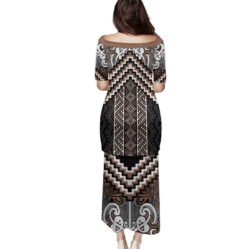 Maori Tukutuku Taniko Motifs Family Matching Puletasi and Hawaiian Shirt Brown Poutama Mix Kowhaiwhai