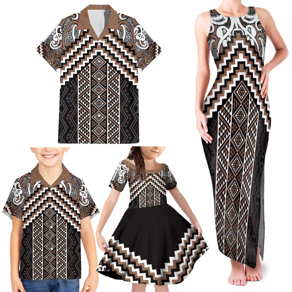 Maori Tukutuku Taniko Motifs Family Matching Tank Maxi Dress and Hawaiian Shirt Brown Poutama Mix Kowhaiwhai